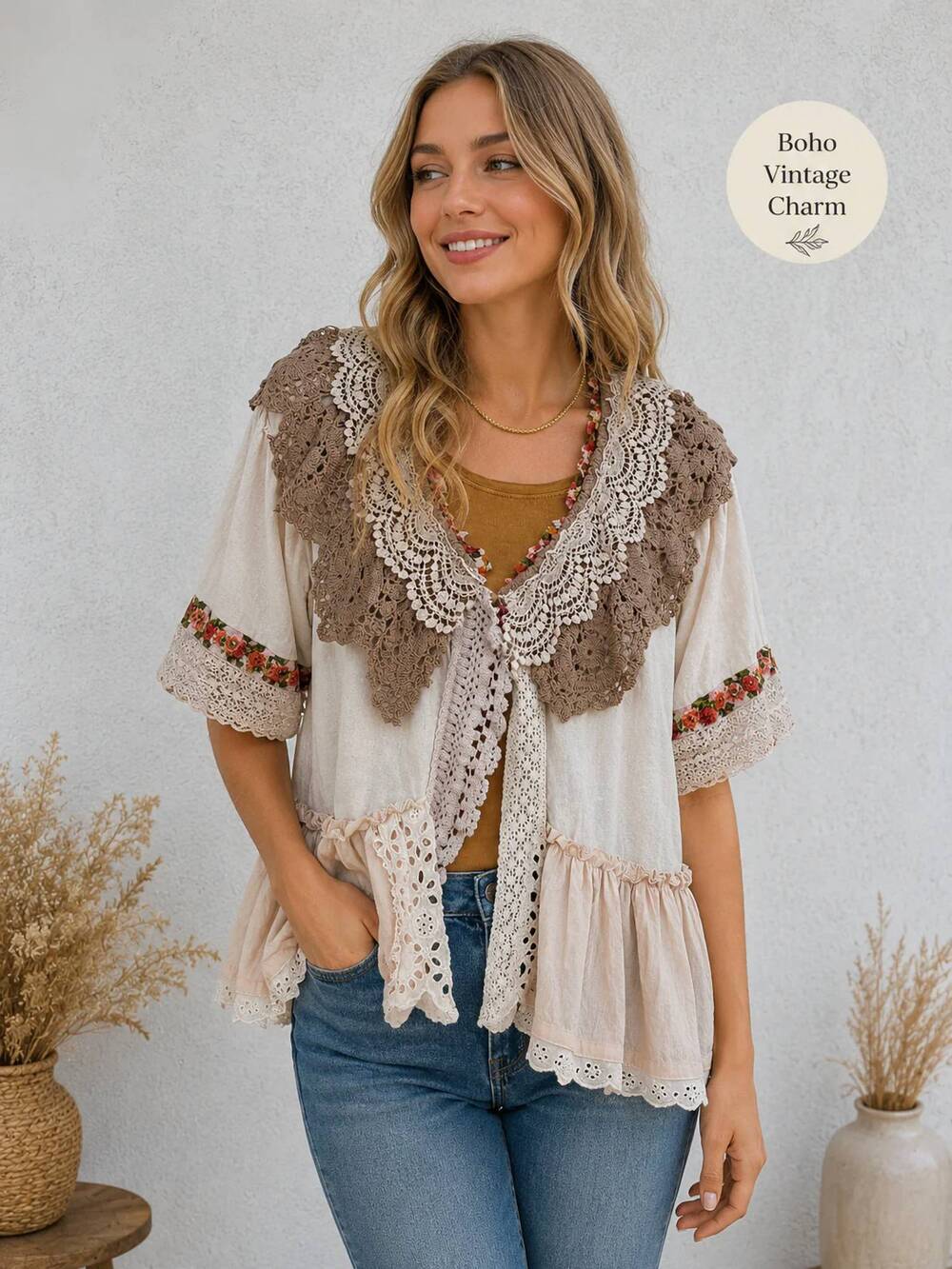 NEW PAPERLACE lace garden patchwork kimono top in beige